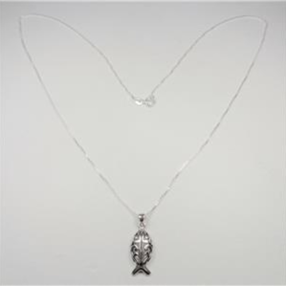 STERLING SILVER NAUTICAL FISH WITH CROSS NECKLACE - Picture 2 of 6